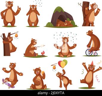 Lustiger Bär. Cartoon Bär Säugetiere in Aktion stellt genaue Vektor Comic-Set Illustrationen von wilden Tieren Stock Vektor