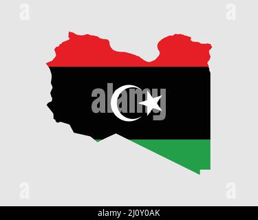 Libyen Karte Flagge. Karte des Staates Libyen mit dem libyschen Länderbanner. Vektorgrafik. Stock Vektor