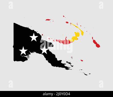 Papua-Neuguinea Flagge Karte. Karte des unabhängigen Staates Papua-Neuguinea mit dem Landebanner von Papua-Neuguinea. Vektorgrafik. Stock Vektor