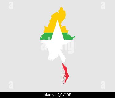 Myanmar Burma Flaggenkarte. Karte der Republik der Union von Myanmar mit dem burmesischen Länderbanner. Vektorgrafik. Stock Vektor