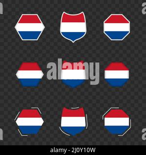Nationale Symbole der Niederlande auf einem dunklen transparenten Hintergrund, Vektorflaggen der Niederlande. Vektorgrafik. Stock Vektor