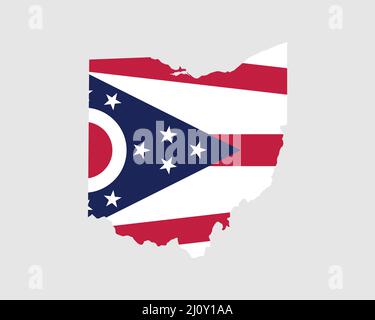 Ohio Karte Flagge. Karte von OH; USA mit der Staatsflagge. USA; Amerika; amerikanisch; Vereinigte Staaten von Amerika; US State Banner. Vektorgrafik. Stock Vektor