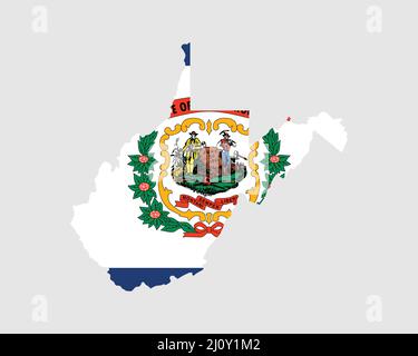 West Virginia Karte Flagge. Karte von WV, USA mit der Staatsflagge. USA, Amerika, USA, USA, US State Banner. Vektorillust Stock Vektor