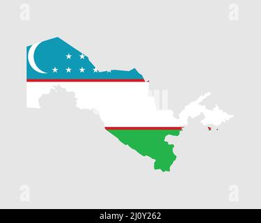 Usbekistan Flagge Karte. Karte der Republik Usbekistan mit dem usbekischen Landesbanner. Vektorgrafik. Stock Vektor