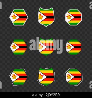 Nationale Symbole von Simbabwe auf einem dunklen transparenten Hintergrund, Vektorflaggen von Simbabwe. Vektorgrafik. Stock Vektor