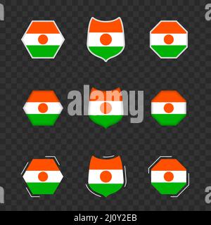 Nationale Symbole von Niger auf einem dunklen transparenten Hintergrund, Vektorflaggen von Niger. Vektorgrafik. Stock Vektor
