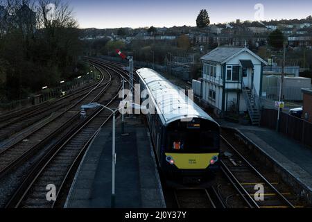 Insel, Linie, Zug, neu, Shanklin, Sandown, Ryde, Pier, Head.Station, Isle of Wight, England, Großbritannien, Großbritannien, Großbritannien, Großbritannien, Stockfoto