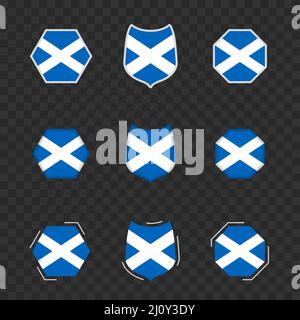 Nationale Symbole von Schottland auf einem dunklen transparenten Hintergrund, Vektorflaggen von Schottland. Vektorgrafik. Stock Vektor