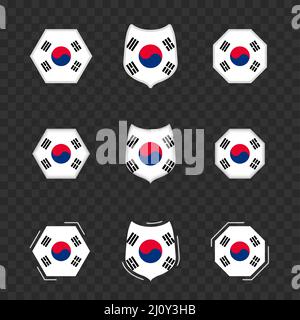 Nationale Symbole von Südkorea auf einem dunklen transparenten Hintergrund, Vektorflaggen von Südkorea. Vektorgrafik. Stock Vektor