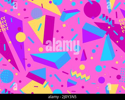 Geometrisches Nahtmuster im Stil der 80er Jahre in memphis. Isometrische geometrische 3D-Formen. Trendy Retro-Hintergrund für den Druck auf Papier, Werbematerialien ein Stock Vektor
