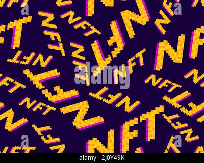 NFT Token Pixel Art isometrisches Textnahtloses Muster. Nicht fungibler NFT-Token. Digitale Kunst in der Blockchain-Technologie. Design für Banner und Werbezwecke Stock Vektor