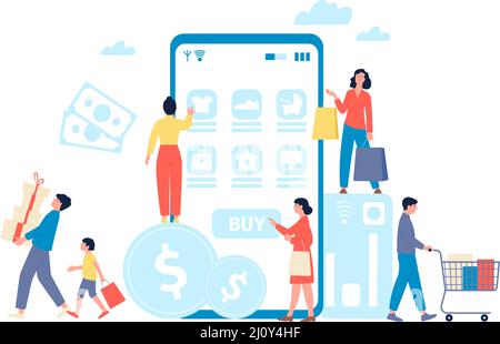 Online-Shopping. Smartphone Kleidung und Beauty-Elemente bestellen. E-Commerce, digitaler Markt und Smart Payment. Web-Store und Kunden aktuelle Vektor Stock Vektor
