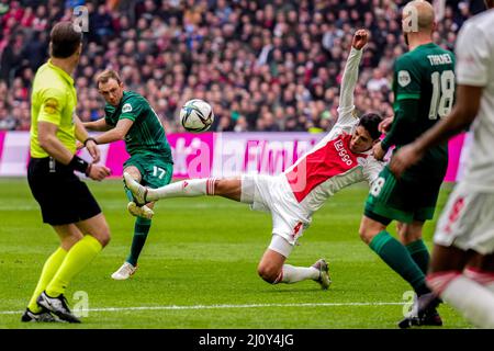 Amsterdam - Fredrik Aursnes von Feyenoord während des Spiels zwischen Ajax und Feyenoord in der Johan Cruijff Arena am 20. März 2022 in Amsterdam, Niederlande. Stockfoto