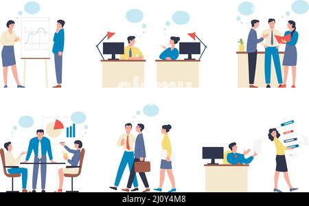 Kommunikation mit Geschäftsleuten. Mitarbeitergespräche und -Konferenzen. Entrepreneurs Team Talk, Meeting und Kommunikation jüngsten Vektor-Charaktere Stock Vektor