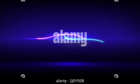 Neonstrahlende Silhouette des Autos. Neon-Schild mit Wandmarkierung. Moderne LED-Auto Silhouette in Seitenansicht auf dunklen Wand Hintergrund. Kohlefasergehäuse. Blaues rosa Banner Stock Vektor