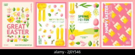 Osterposter. Easters Eier, Kaninchen und Blumen. Frühlingseinladung in Pastellfarben, Grußkarten mit niedlichen grafischen Strukturelementen. Geometrisch schwülich Stock Vektor