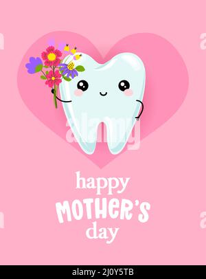 Happy Mother's Day - Familiencharakterdesign mit Zahn im Kawaii-Stil. Handgezeichnete Zahnfee mit witzigem Zitat. Gut für Schulpräventionsplakate, greeti Stock Vektor