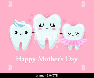 Happy Mother's Day - Familiencharakterdesign mit Zahn im Kawaii-Stil. Handgezeichnete Zahnfee mit witzigem Zitat. Gut für Schulpräventionsplakate, greeti Stock Vektor