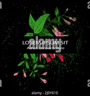 Attraktiv arrangierte Blumenstrauß auf schwarzem Untergrund. Gezeichnete Fuchsia-Blumen, künstlerische Vektor-Illustration. Blumenmuster im trendigen Blumenmuster, Stock Vektor