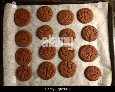 Foto über dem Kopf von runden frisch gebackenen Schokoladenkeksen Stockfoto