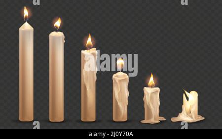 Kerzenanimation bei Kerzenschein. Realistische brennende Kerzen, spirituelle Kirchenflamme, Wachsspitze weihnachtsfeiertag Geburtstag oder Spa-Meditation, Religion Paraffin, 3D Vektor-Illustration. Kerzenanimation realistisch Stock Vektor