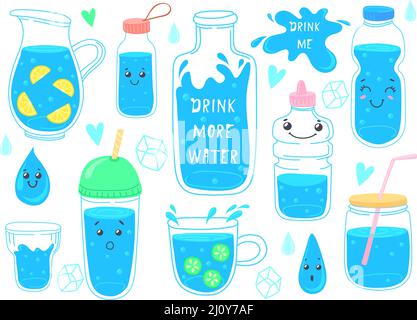Trinken Sie mehr Wasser. Cute Waters Welt der Getränke Erde für die Gesundheit, Glasdekanter, Eisliter Getränke, lustige Aufkleber Poster, Fitness-Diät, doodle Cartoon ordentlich Vektor Illustration. Behälter H2O Flasche Stock Vektor