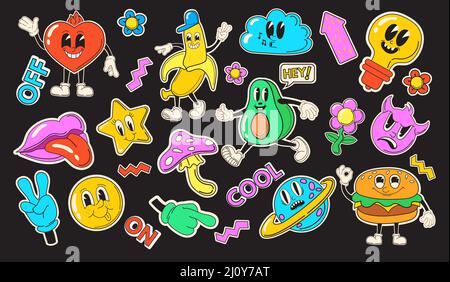 Retro-Aufkleber für die Gesichtsbehandlung. Cartoon Patch Collage Comic Gesicht Hände, abstrakte Party Aufkleber Pack glückliche Frucht Avocado Burger Banane Herz lustige Figur, Vektor-Illustration. Cooler, komischer Aufnäher mit Abzeichen-Aufdruck Stock Vektor