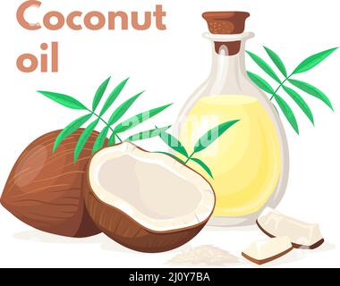 Kokosölflasche. Cartoon Coco Nüsse Tropfen, Schönheit natürliche Frucht weiße Öle für die Haut, grüne extra Virgin Blatt Palm, Cocosnusspüree, isoliert ordentlich Vektor-Illustration. Flasche Öl Kokosnuss, Kokosmilch Stock Vektor