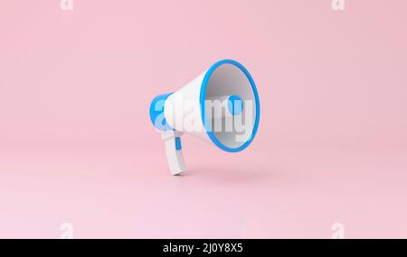 Megaphon in blau und weiß auf pastellrosa Hintergrund. 3D Abbildung. Stockfoto
