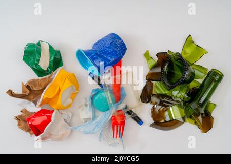Separate Garbage Collection. Papier, Kunststoff, Glas. Umweltverschmutzung. Stockfoto