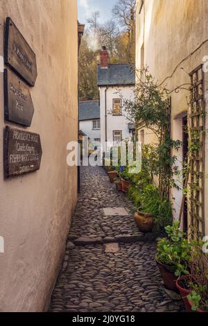 Eine der malerischen Kopfsteinpflasterstraßen im historischen Fischerdorf Clovelly in North Devon. Stockfoto