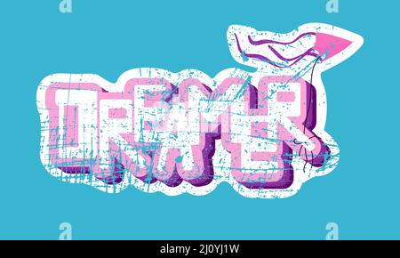 Träumer. Vintage-Zeichnung in rosa Farbe. Wort und Drachen. Drucken Sie Kleidung oder Poster. Stock Vektor