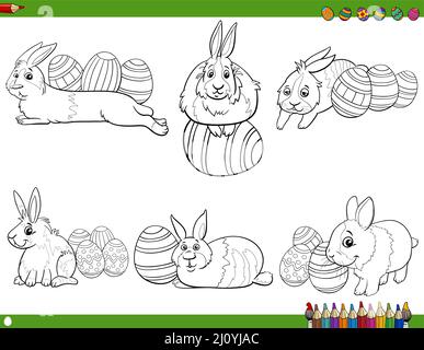 Happy Easter Set von schwarz-weißen Cartoons mit Hasen und Ostereier Färbung Buchseite Stock Vektor