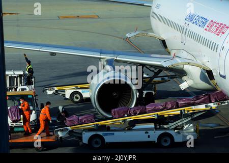 QINGDAO, CHINA - 21. FEBRUAR 2021 - Ein Passagierflugzeug von China Eastern Airlines entlädt Pakete am Flughafen Liuting in Qingdao, im ostchinesischen Shandong Stockfoto