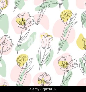 Nahtloses Muster mit einzeiligen Tulpenblumen-Zeichnungen und abstrakten Pastellformen Stock Vektor