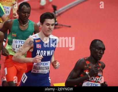 Abel KIPSANG aus Kenia , Jakob INGEBRIGTSEN aus Norwegen , Teddese LEMI aus Äthiopien Finale 1500 M Männer während der Leichtathletik-Hallenweltmeisterschaften 2022 am 20. März 2022 in der stark Arena in Belgrad, Serbien. Foto von Laurent Lairys/ABACAPRESS.COM Stockfoto