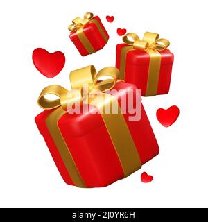 Realistische 3D rote Geschenkbox mit Herzen. Vektorgrafik EPS10 Stock Vektor