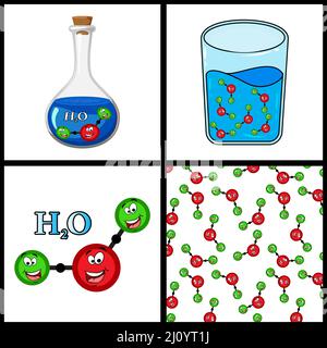 Wasserzustände von mater und Molekülform, Symbolsatz. Vektordarstellung auf weißem Hintergrund isoliert Stock Vektor