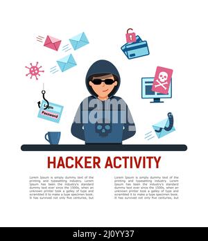 Hacker-Aktivität, Poster oder Banner. Junger Mann am Computer, der vertrauliche Daten raubt. Stock Vektor