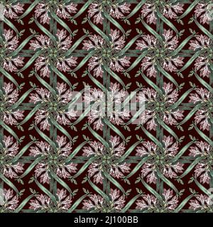 Vintage florale nahtlose Muster von Freesia Blumen und Knospen im Jugendstil, Wiederholung botanischen Ornament in Burgund, Rosa und Grün Farben Stockfoto