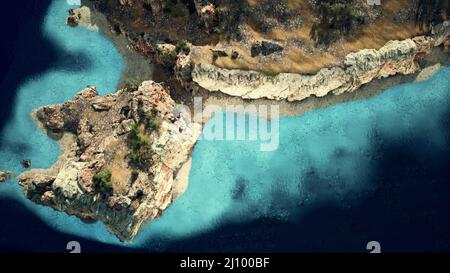 Luftaufnahme von der fliegenden Drohne der felsigen Insel im Atlantischen Ozean Stockfoto