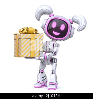 Niedliche rosa Mädchen Roboter geben Geschenkbox 3D Stockfoto