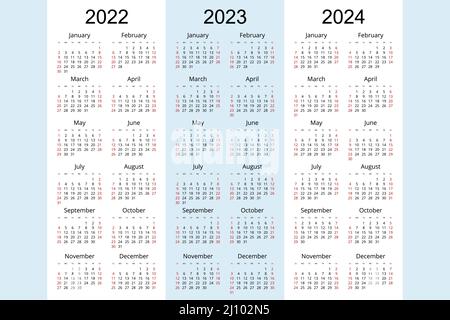 Kalenderplaner 2022, 2023, 2024, Corporate Design Planer Vorlage. Die Woche beginnt am Sonntag Stock Vektor