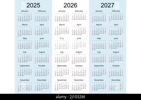 Kalenderplaner 2025, 2026, 2027, Corporate Design Planer Vorlage. Die Woche beginnt am Sonntag Stock Vektor