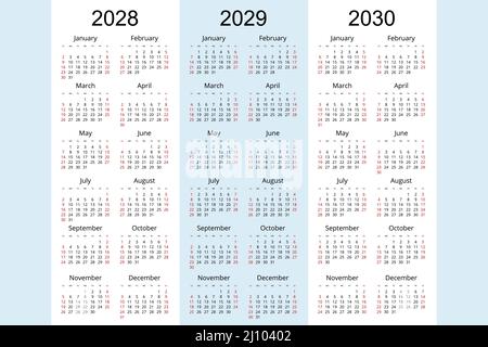 Kalenderplaner 2028, 2029, 2030, Corporate Design Planer Vorlage. Die Woche beginnt am Sonntag Stock Vektor