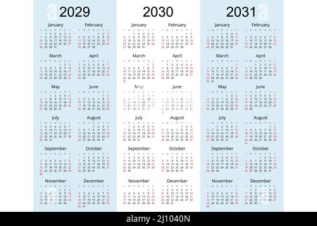 Kalenderplaner 2029, 2030, 2031. Vorlage für Corporate Design Planner. Die Woche beginnt am Sonntag Stock Vektor