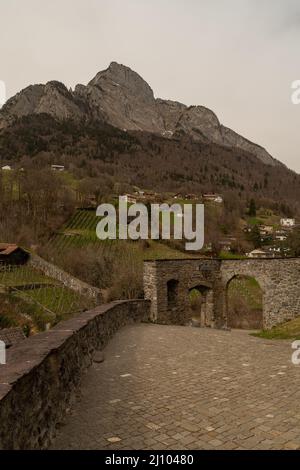 Sargans, Schweiz, 16. März 2022 majestätische alpine Landschaft an einem bewölkten Tag Stockfoto