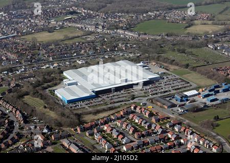 Luftaufnahme der Fabrik von Thorn Lighting Ltd (mit angefügtem Tridonic) auf dem Green Lane Industrial Estate in Spennymoor, County Durham Stockfoto