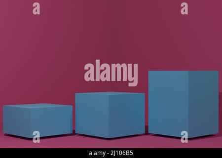 3D Illustration Set von abstrakten 3D Zimmer mit rotem Licht Würfel Schritte Podest Podium Set. Minimale Szene Stockfoto