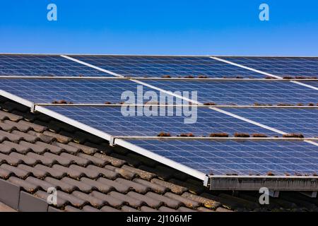 Energieeffiziente Solarmodule einer Gebäudedachanlage für die private Stromerzeugung mit Photovoltaik in Deutschland Stockfoto